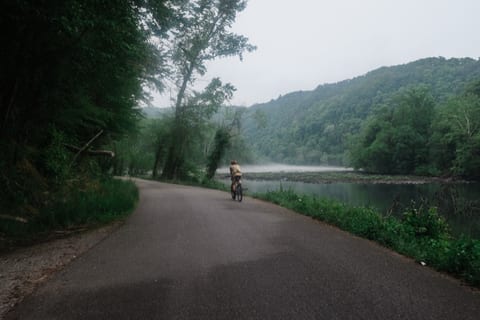 A rider on a wooded road beside the river